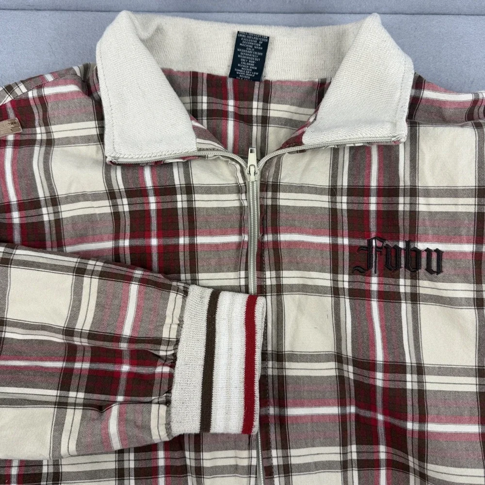 Vtg FUBU The Collection Plaid Bomber Jacket‎ Size M Tan Red Harrington 90s Y2K